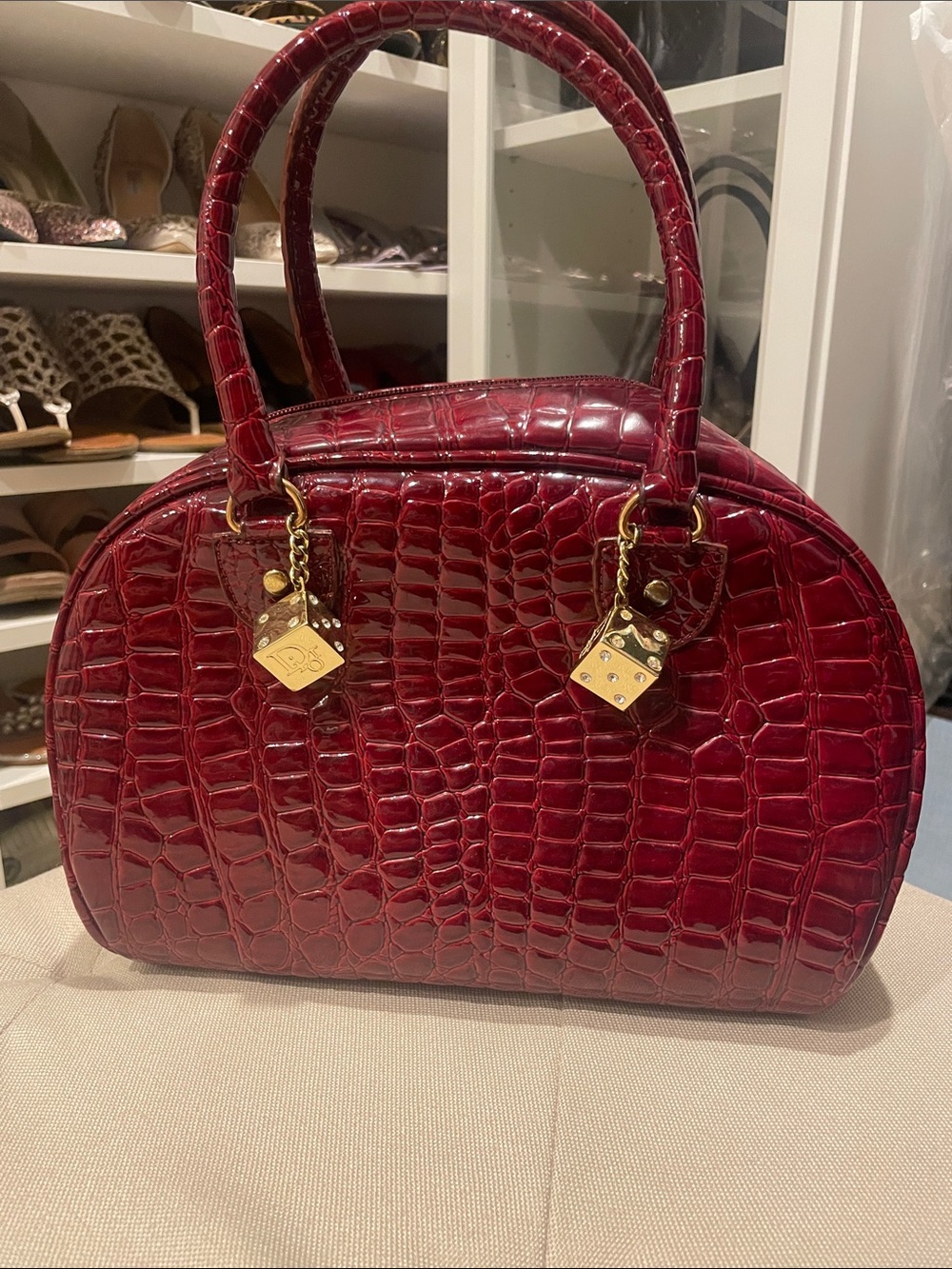 Red Croc-Embossed Dome Satchel Dice hardware Handbag - Unbranded